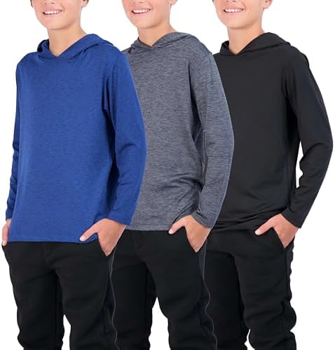 Real Essentials 3 Pack: Dry-Fit Youth Boys Teen Active Long Sleeve Hoodie Sweatshirts - Hooded Pullover Shirts