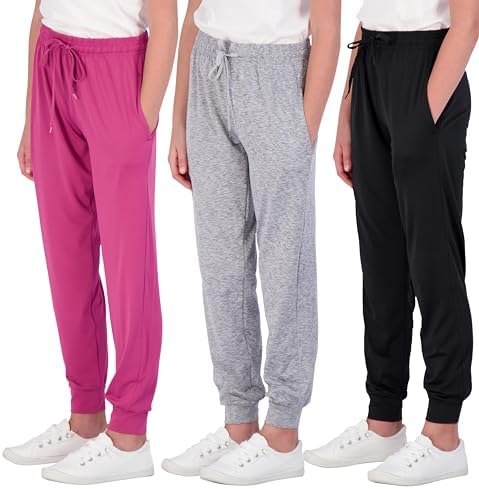 Real Essentials 3 Pack: Girls' Dry-Fit Jogger Sweatpants Soft Active Athletic Kids Joggers with Pockets & Drawstring
