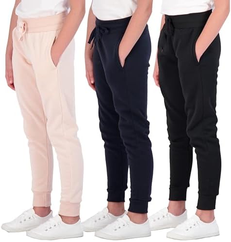 Real Essentials 3 Pack: Girls' Fleece Joggers Soft Active Performance Casual Sweatpants(Ages 7-16)