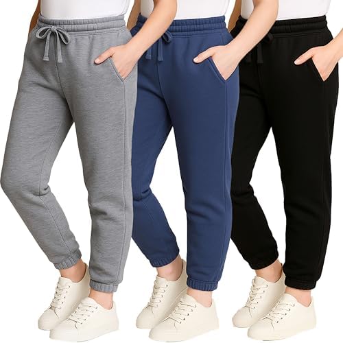 Real Essentials 3 Pack: Girls' Sweatpants - Active Fleece Jogger Pants (Size: 7-16)
