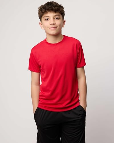 Real Essentials 5 Pack: Boy's Active Athletic Short Sleeve Performance Shirt Cooling Wicking T Shirts Activewear 6-18 Years