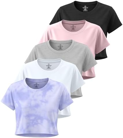 Real Essentials 5 Pack: Women's Dry Fit Crop Top - Short Sleeve Crew Neck Stretch Athletic Tee (Available in Plus Size)