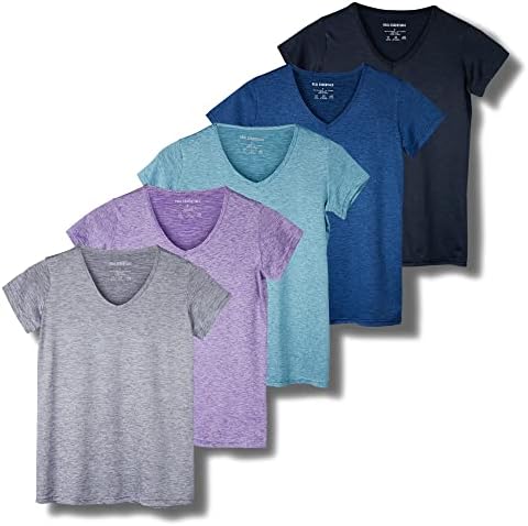 Real Essentials 5 Pack: Women's Dry Fit Short Sleeve V Neck Workout Top - Fitness Gym Athletic Yoga T-Shirt (Plus Available)