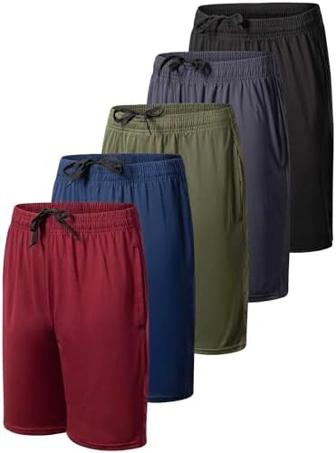 Real Essentials 5-Pack Youth Dry-Fit Active Athletic Basketball Gym Shorts with Pockets Boys & Girls