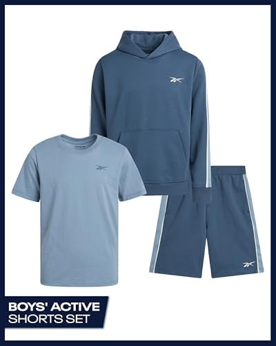 Reebok Boys' Active Shorts Set - 3 Piece Performance Mesh Hoodie Sweatshirt Gym Shorts And T-Shirt - Activewear Set (8-12)