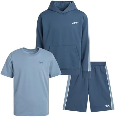 Reebok Boys' Active Shorts Set - 3 Piece Performance Mesh Hoodie Sweatshirt Gym Shorts and T-Shirt - Activewear Set (8-12)