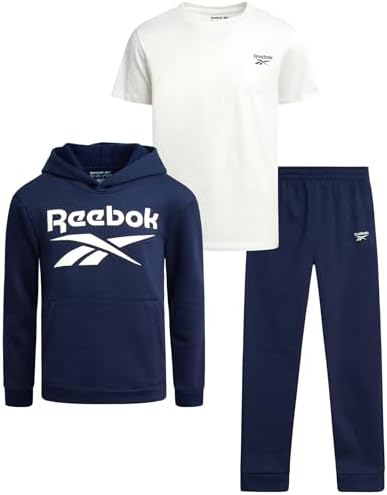 Reebok Boys Sweatsuit Set - 3 Piece Athletic Pullover Hoodies Sweatshirt Jogger Sweatpants & T-Shirt for Boys (8-14)