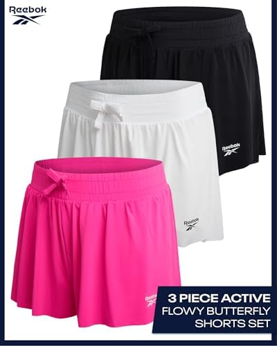 Reebok Girls Athletic Shorts - 3 Pack Lightweight Butterfly Short With Liner - Active Performance Flowy Shorts For Girls