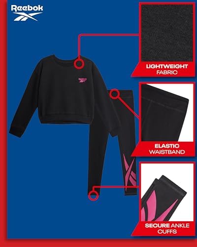 Reebok Girls Pants Set - 2 Piece Lightweight Long Sleeve Shirt And Girls Leggings Outfit - Breathable Athletic Outfits