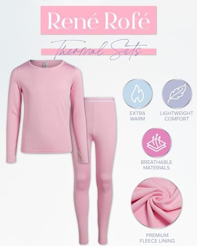 Rene Rofe Girls' Performance Thermal Underwear Set - 4 Piece Cozy Fleece Long Johns Base Layer Set For Girls (Sizes: 2T-16)