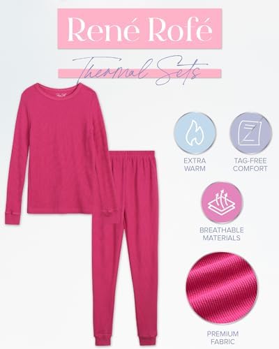 Rene Rofe Girls' Thermal Underwear Set - 2 Piece Waffle Knit Top And Long Johns (2T-16)