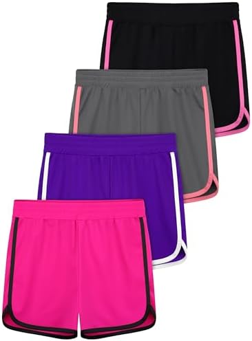 Resinta 4 Pack Youth Girls Athletic Shorts Quick Dry Active Shorts Big Girl Summer Sports Shorts for Running Dance Yoga