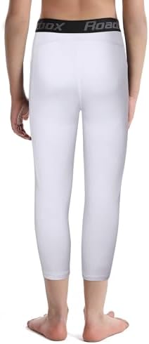 Roadbox Boys 3/4 Compression Leggings Pants Youth Sports Capri Running Tights Kids Basketball Base Layer With Pockets