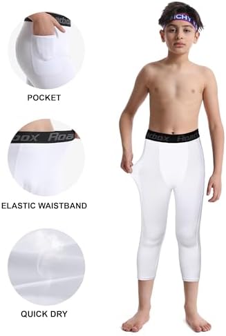 Roadbox Boys 3/4 Compression Leggings Pants Youth Sports Capri Running Tights Kids Basketball Base Layer With Pockets