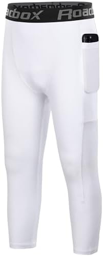 Roadbox Boys 3/4 Compression Leggings Pants Youth Sports Capri Running Tights Kids Basketball Base Layer with Pockets
