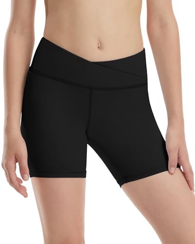 Runhit Girls Volleyball Shorts 5" Youth Spandex Biker Shorts Kids V Cross Waist Compression Dance Athletic Shorts