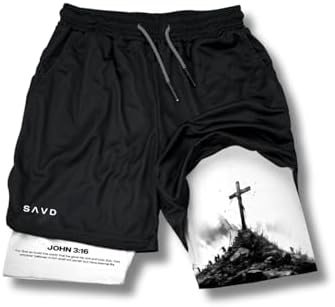 SAVD Christian Performance Shorts - Youth/Kids Gym & Sport Shorts with Pockets & Compression Liner Bible Verse Activewear