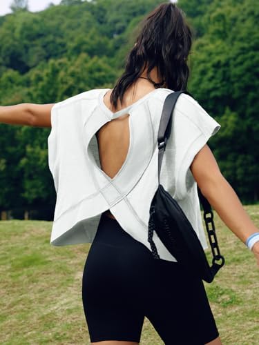 SENSERISE Womens Open Back Workout Tops Backless Short Sleeve Athletic Shirt Running Crop Top Gym Yoga Tee