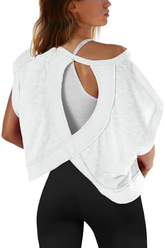 SENSERISE Womens Open Back Workout Tops Backless Short Sleeve Athletic Shirt Running Crop Top Gym Yoga Tee