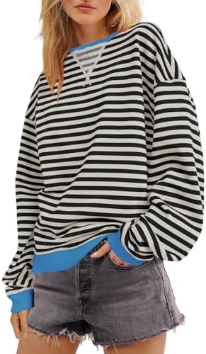 SENSERISE Womens Oversized Classic Striped Crewneck Sweatshirts Long Sleeve Color Block Shirts Casual Tops