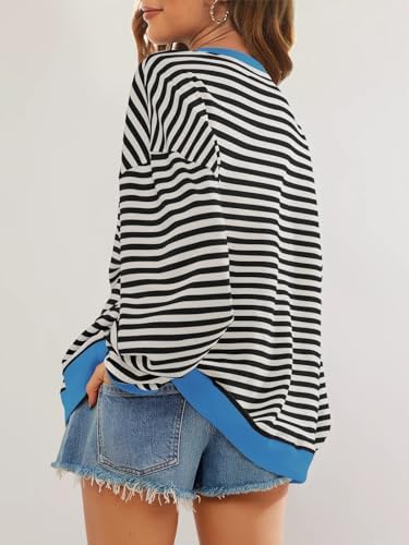 SENSERISE Womens Oversized Classic Striped Crewneck Sweatshirts Long Sleeve Color Block Shirts Casual Tops