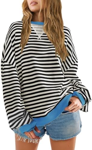 SENSERISE Womens Oversized Classic Striped Crewneck Sweatshirts Long Sleeve Color Block Shirts Casual Tops