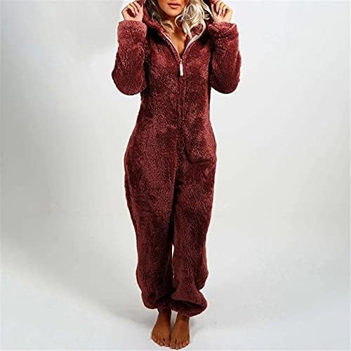 Sherpa Jumpsuit Women Women's Fuzzy Pajamas Long Sleeve Adult Cat Onesie Pajamas Winter Rompers Sleepwear