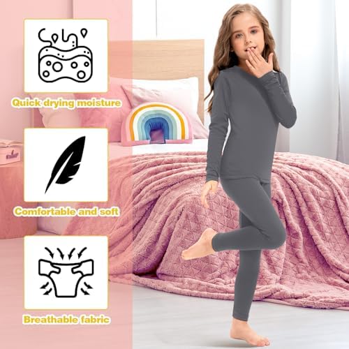 Silkfly 5 Set Girls Thermal Underwear Set Fleece Lined Long Winter Underwear Kids Base Layer Thermal Top Bottom Warm