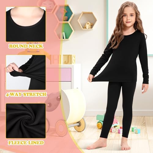 Silkfly 5 Set Girls Thermal Underwear Set Fleece Lined Long Winter Underwear Kids Base Layer Thermal Top Bottom Warm