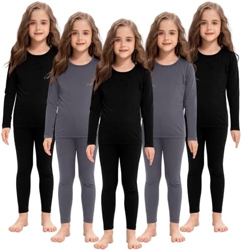 Silkfly 5 Set Girls Thermal Underwear Set Fleece Lined Long Winter Underwear Kids Base Layer Thermal Top Bottom Warm