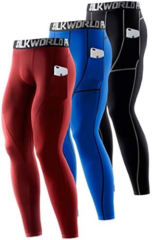 SILKWORLD Men's 1~3 Pack Compression Pants Pockets Cool Dry Gym Leggings Baselayer Running Tights