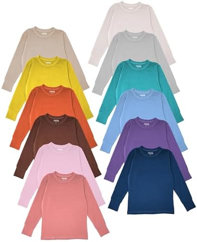 Snoozzz'n Girls/Boys/Toddler 12 Pack Athletic Performance Long Sleeve Undershirt Tops/Base Layer Cotton Stretch Shirts (12 Pack - Assorted Solid Colors 10-12)
