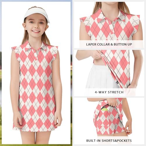 Soneven Girls Sleeveless Tennis Dress Kids Ruffle Golf Dress School Sports Athletic Dresses Outfit With Shorts Pockets