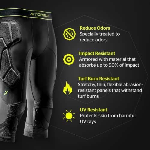 Storelli BodyShield 3/4 Goalkeeper Leggings 2 High-Impact Protection Sweat-Wicking UV-Resistant Athletic Bottoms For Soccer & Heavy-Duty Sports Black Small