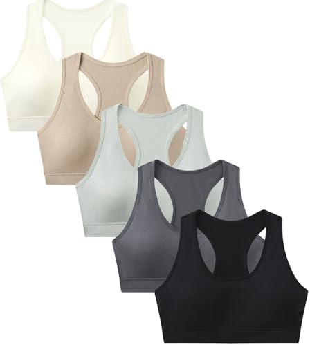 Suekaphin Girls Training Bra Supportive Seamless Sports Bras for Teens Girls with Racerback Removable Pads Pack of 5