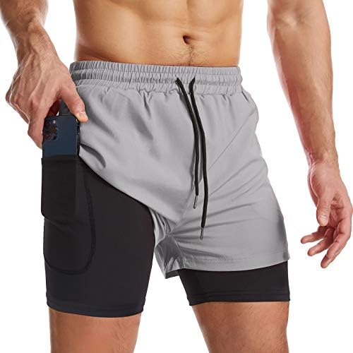 Surenow Mens 2 in 1 Running Shorts Quick Dry Athletic Shorts with Liner Workout Shorts with Zip Pockets and Towel Loop