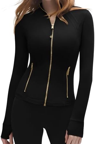 SUUKSESS Women Golden Full Zip Up Workout Cropped Jackets Lightweight Athletic Yoga Tops
