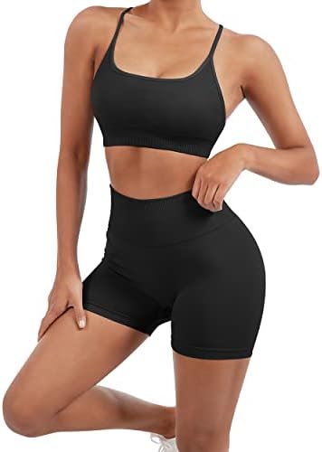SUUKSESS Women Seamless Workout Sets Strappy Sports Bra High Waist Booty Shorts Outfits