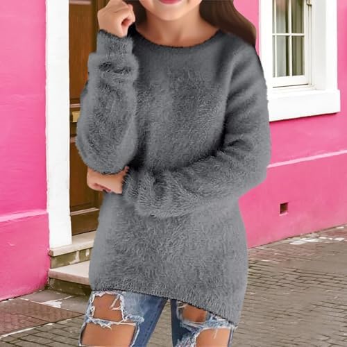 Sweaters For Girls Casual Cute Y2k Crewneck Tops Lightweight Long Sleeve Cozy Fleece Pullovers Kids Fuzzy Sweater