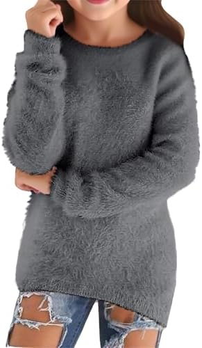 Sweaters for Girls Casual Cute Y2k Crewneck Tops Lightweight Long Sleeve Cozy Fleece Pullovers Kids Fuzzy Sweater