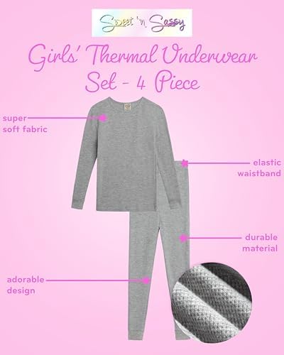 Sweet & Sassy Girls Thermal Underwear Set - 4 Piece Waffle Knit Thermal Long Sleeve And Long Johns Base Layer (Sizes 2T-16)