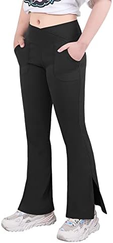 Teen Girls Bootcut Yoga Pants Kids Active Crossover Split Hem Flare Leggings With Pockets