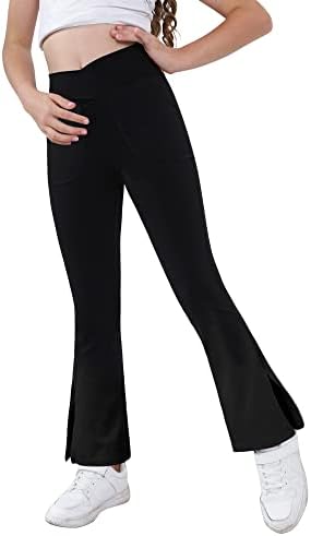 Teen Girls Bootcut Yoga Pants Kids Active Crossover Split Hem Flare Leggings with Pockets