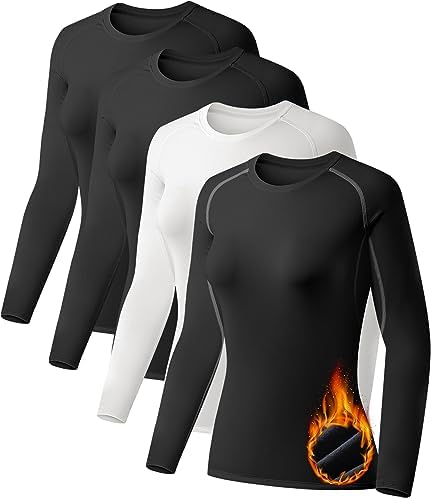 TELALEO 4 Pack Women's Thermal Shirts Fleece Lined Athletic Tops Long Sleeve Compression Workout Baselayer for Cold Weather