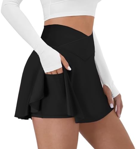 Tennis Skirt for Women with Pockets Shorts Crossover High Waisted Athletic Golf Skorts Running Workout Skirts 2 in 1