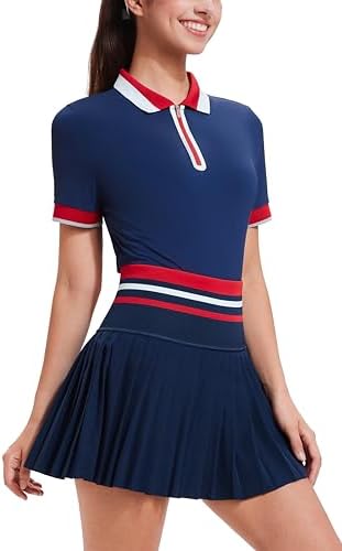 Tennis Skirt Sets for Women Zipper Color Block High Waisted Golf Polo Two Piece Skirt Set Women 2 Piece Outfits