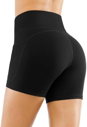 THE GYM PEOPLE High Waist Yoga Shorts For Women's Tummy Control Fitness Athletic Workout Running Shorts With Deep Pockets