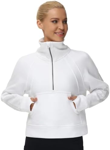 THE GYM PEOPLE Womens' Half Zip Pullover Fleece Stand Collar Crop Sweatshirt With Pockets Thumb Hole