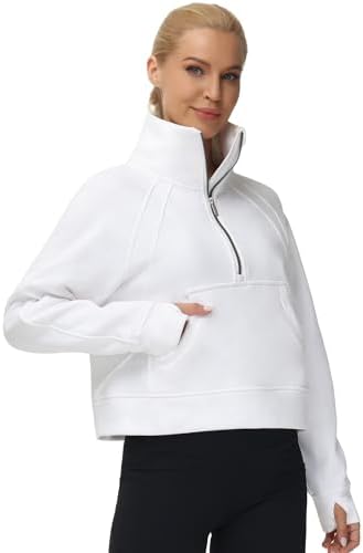 THE GYM PEOPLE Womens' Half Zip Pullover Fleece Stand Collar Crop Sweatshirt with Pockets Thumb Hole