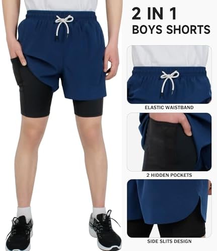 TLAENSON Boys Running Shorts With Liner Kids 2 In 1 Quick Dry Workout Athletic Shorts With Pockets